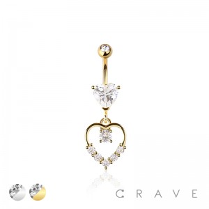 316L SURGICAL STEEL CZ HEART WITH MULTI CZ HEART DANGLE BELLY BUTTON NAVEL RING 